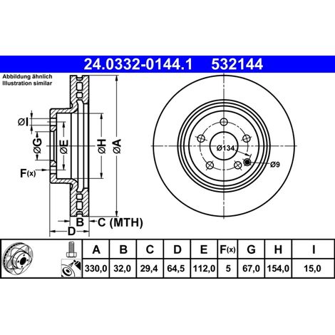 Lot de 2 Disques de frein ATE 24.0332-0144.1 MERCEDES-BENZ 204 421 00 00