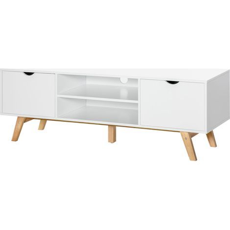 Meuble TV Banc TV sur Pied Moderne Scandinave 2 Portes 2 niches en Bois Blanc 150L x 39l x 50H cm (1/5)