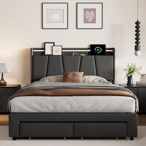 BLANKETSWARM - lit coffre 140 x 200 cm, lit double adulte 140 x 200 avec ports USB et éclairage LED – 2 tiroirs – Sommier à lattes en bois – Lin, Gris (1/5)