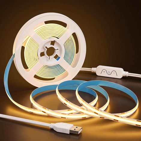 Bande LED COB - 1 m - Blanc chaud - 2700 K - 5 V CC - Intensité variable - Flexible - USB - Avec interrupteur - CRI 90+ - Découpable et installation facile - Pour fond TV, moniteur, étagère, miroir (1/5)