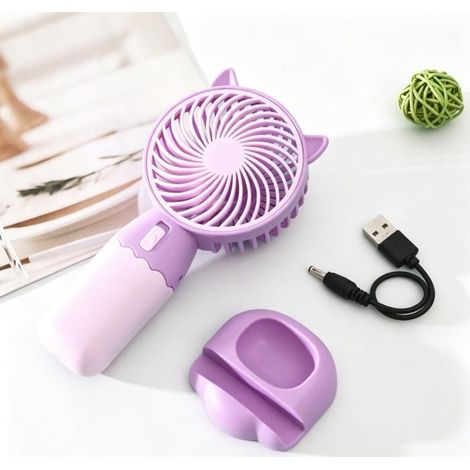 Mini ventilatore portatile a tre velocità ricaricabile tramite USB con supporto, ideale per ufficio e viaggi - Viola