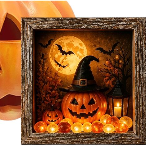 Boîte à Souvenirs d'Halloween Lumineuse 21,6 x 21,6 cm En Bois Lumineux Boîte À Souvenirs LED Cadre Bois Pierres pour Étagère, Manteau de Cheminée, Bureau, Chambre, Porche, Couloir, (1/5)