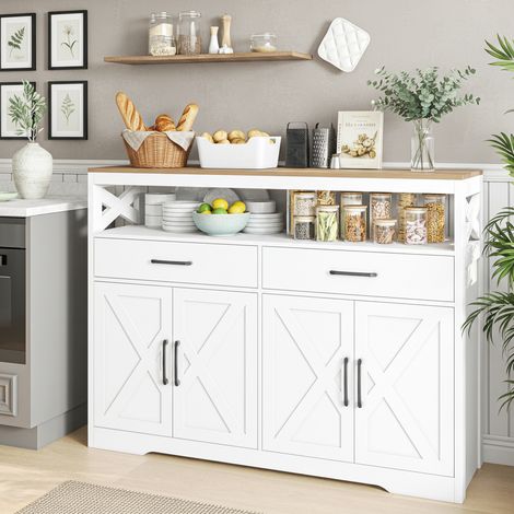 Buffet de scandinave à 4 portes et 2 tiroirs - étagères réglables, poignées en métal noir, plateau à motif bois - 140x40x105 cm - Blanc (1/5)