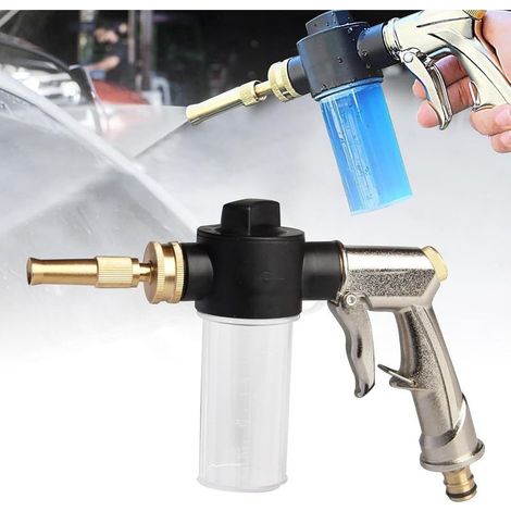 Tuyau d'arrosage avec réservoir, pistolet pulvérisateur, buse à mousse, distributeur de savon, pistolet pulvérisateur pour arrosage, lavage de voiture et nettoyage des animaux. (1/5)