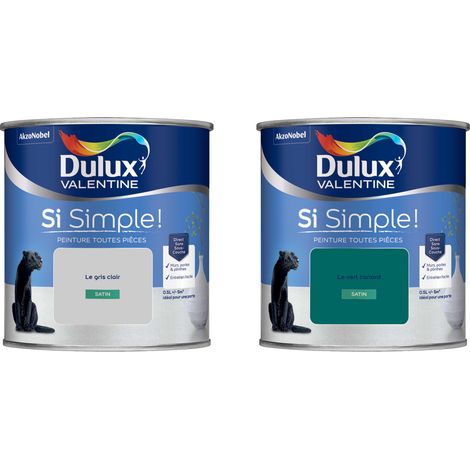 Dulux Valentine Peinture Si Simple Lot de 2 Peinture Intérieure Toutes Pièces Satin - Peinture Murs et Plafonds, Portes et Plinthes - Couleurs : Le Gris Clair & Le Vert Canard 0,5 L