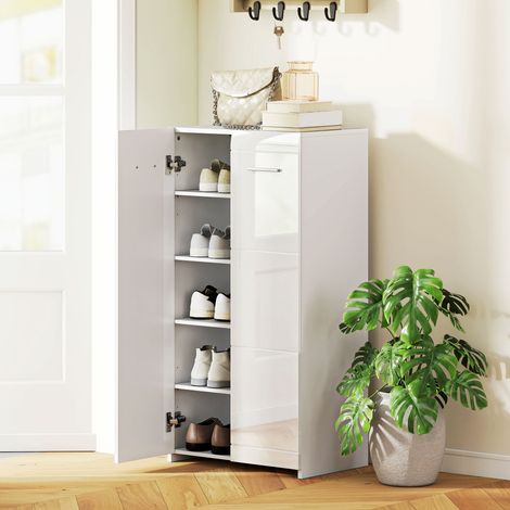 Meuble à chaussures 10 paires, armoire à chaussures à haute brillance 5 niveaux, étagères réglables, 55x36x108cm, blanc
