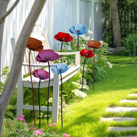 Lot De 2 Décorations De Jardin En Métal – Coquelicots Multicolores Résistants Aux Intempéries – Parfaits Pour Parterre, Balcon Ou Terrasse
