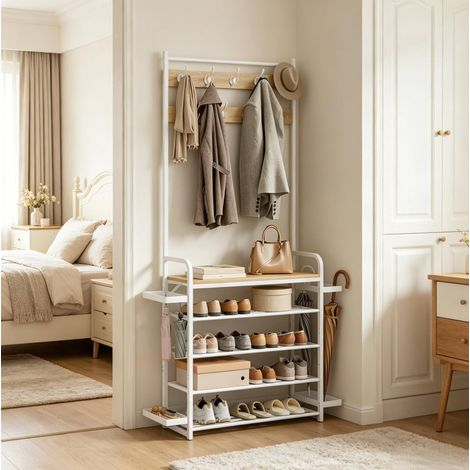 Perchero de metal blanco y roble claro con 9 ganchos dobles, 104 x 30 x 190 cm, con estantes y soportes para paraguas (1/4)