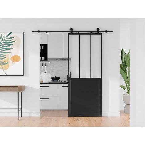 Porta scorrevole atelier esterno muro H205 x L93 cm Nero e Vetro temperato - ARTISTO II (1/4)
