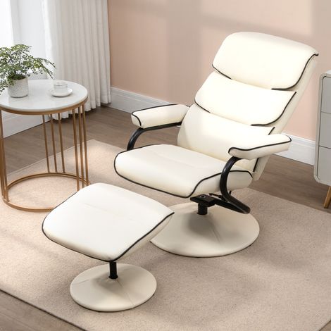 Fauteuil relax avec pouf, fauteuil TV avec dossier inclinable, pivotant à 360° assise rembourrée confortable, crème (1/5)