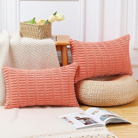 Funda de cojín de terciopelo a rayas, apta para sofás tapizados de dormitorio (color coral), 30 x 50 cm. (1/4)