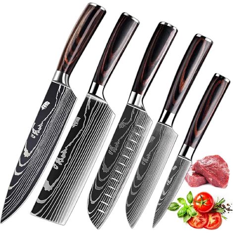 Couteaux de Cuisine, Couteau Japonais Tranchant en acier inoxydable en plusieurs tailles avec Poignée confortable, Couteau de Chef Antirouille Cuisine et Cadeau Disponibles (5PCS) (1/5)
