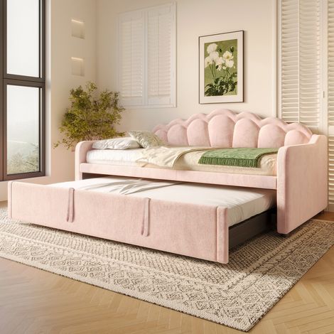 Canapé lit gigogne convertible 90x200 cm velours rose, LED changeable, lit double 180x200 (sans matelas) (1/5)