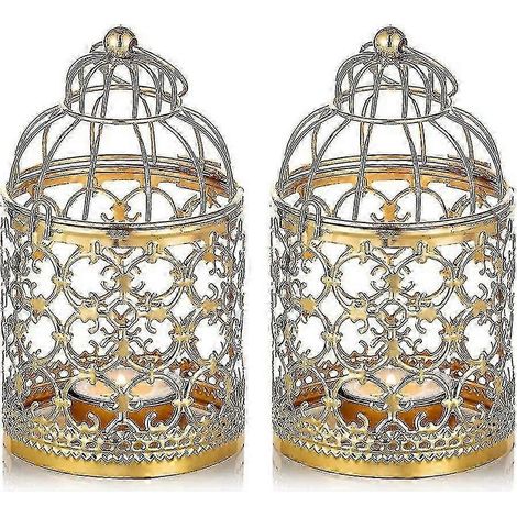 Lot de 2 petites lanternes suspendues en métal pour bougies chauffe-plat, en forme de cage à oiseaux, centre de table décoratif vintage - SNNGV-Yvan (1/5)