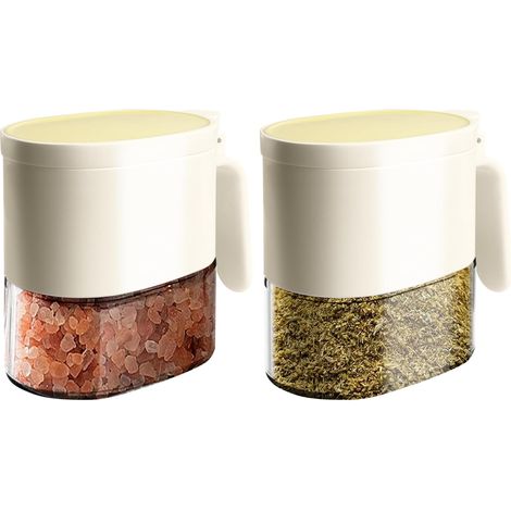 Pot à épices en verre avec cuillère, 2 pots à épices avec cuillères et couvercles magnétiques, pots à épices pour sel, sucre et poivre pour le rangement des épices de cuisine, 380 ml (blanc crème) (1/5)