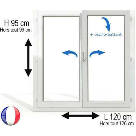 Fenêtre PVC 2 vantaux H 95 x L 120 cm OB pour pose en neuf avec poignée