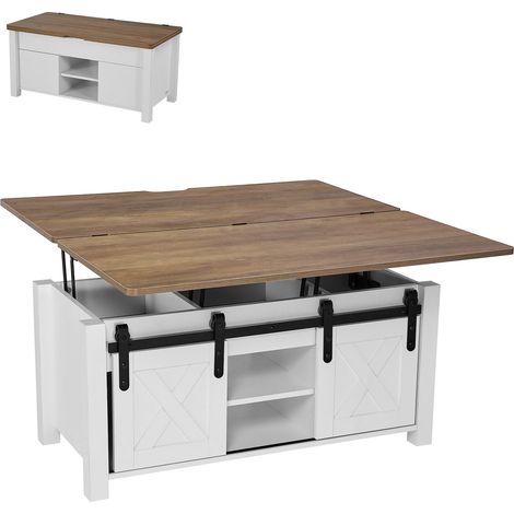 Table basse à plateau relevable rectangulaire, 1000 x 500 x 485 mm, table de salon avec porte de grange et compartiment de rangement dissimulé, pour bureau, maison, blanc et marron rustique (1/5)
