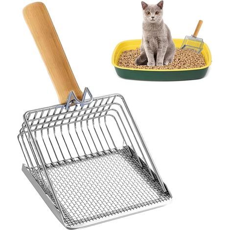 - Pala para arena - Acero inoxidable - Tamizado eficiente y fácil limpieza para gatitos y gatos pequeños - Madera y metal - Plateado - 27,5 x 13 x 4 cm (1/5)