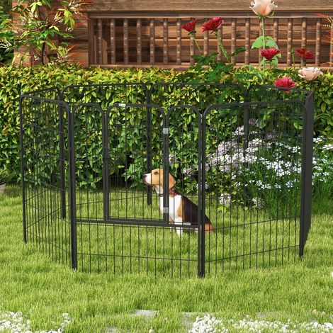 Clôture pour grands chiens avec 8 panneaux modulaires 80x1,5x100 cm - boîte chiens et chiots avec porte en acier à 8 chevilles - gris