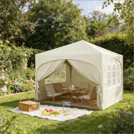 Protection solaire et abri rapide : pavillon pliant 3x3 m avec 4 parois amovibles, hauteur réglable et sac de transport (1/5)