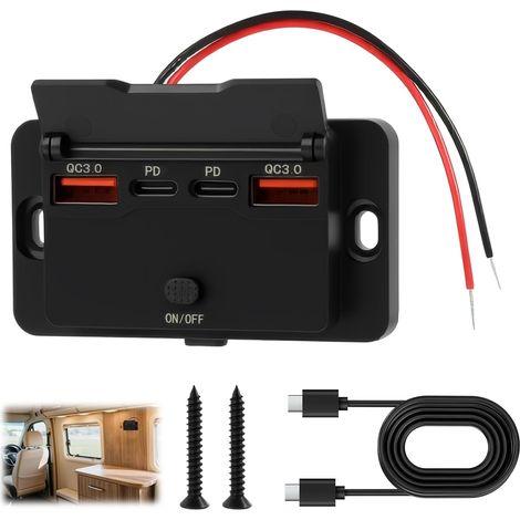 Chargeur Voiture USB 76W 4 Ports 12V Encastrable, Prise USB 12V Camping Car avec Double 36W PD et Double 18W QC3.0, Interrupteur et Couvercle Étanche pour Camion, Bus, RV, Marine, Installation Facile (1/5)