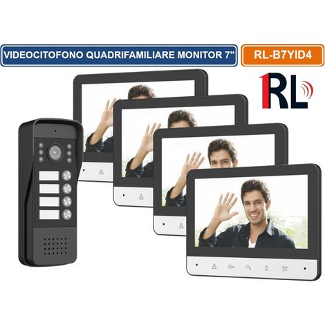 KIT VIDEOCITOFONO QUADRIFAMILIARE QUATTRO PULSANTI QUATTRO MONITOR A COLORI 7" APERTURA ELETTROSERRATURA (1/5)