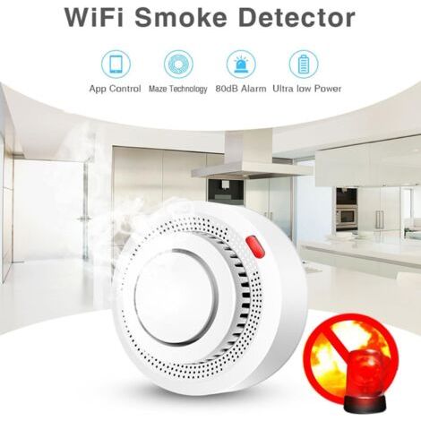 Détecteur de fumée intelligent et alarme incendie : détecteur de fumée Wi-Fi avec notifications via application, détecteur de fumée sans fil avec capteur photoélectrique pour la maison, télécommande v