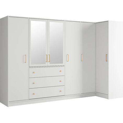 Armadio angolare 6 ante e 3 cassetti Con specchi L311 cm Bianco - LIZANDRO