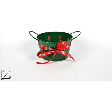Secchiello in Metallo Decorativo Natale Natalizio Verde con Nastro 17 x 10 cm