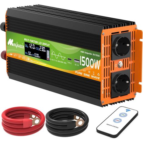 1500W Convertisseur Pur Sinus 12V 220V Onduleur Transformateur  2 Prise EU De Courant Alternatif,Ports USB+TYPE-C,Télécommande sans Fil Et écran LCD, Pour Voiture, Camping, Voyage (1/5)