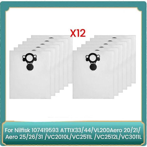 Lot de 12 sacs à poussière pour aspirateurs Nilfisk 107419593 ATTIX33/44, VL200Aero 20/21, Aero 25/26/31, VC2010L/VC2511 (1/5)