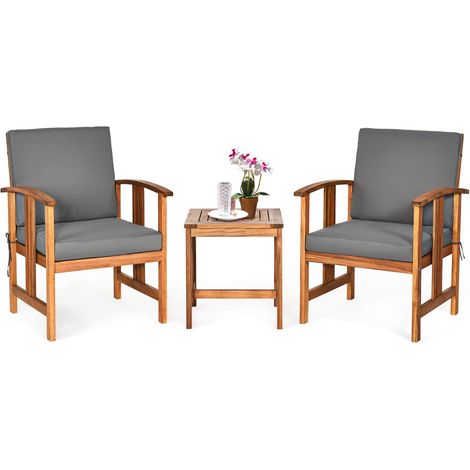GOPLUS Salon de Jardin Exterieur 2 Personnes en Bois Acacia, Lot de 5 Table et Chaises de Jardin, Plateau à Lattes et 2 Fauteuils avec 2 Coussins Confortables, Charge 75+180 KG (1/5)