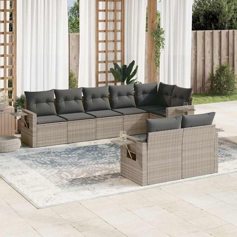 Canapé d'extérieur modulaire 8 places avec table - Rotin synthétique gris clair et coussins gris foncé (1/5)