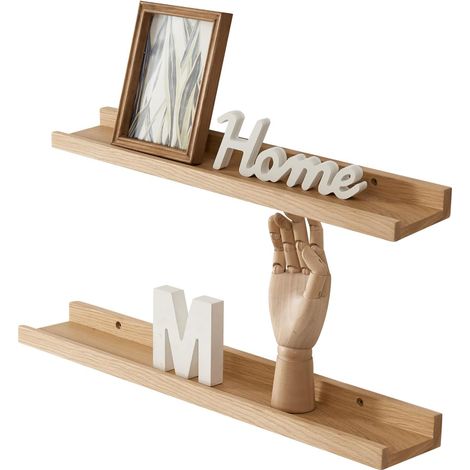 Lot de 2 étagères murales flottantes en chêne Massif, Design Rustique avec Rebord, pour radiateur et Affichage Mural, pour Salon, Cuisine, Chambre, 40 cm (1/5)