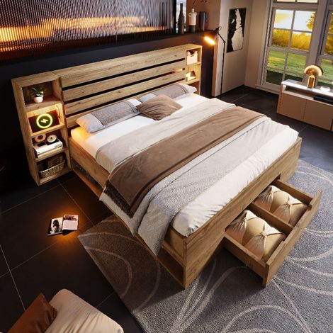 Doppelbett 180x200 cm mit Stauraum und Schubladen, Bettanlage mit LED-Beleuchtung & USB-C Ladefunktion, Bettgestell in Eiche Optik (1/5)