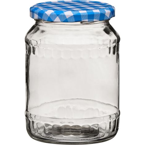 Premier Housewares Clear Glass Jar with Blue Gingham Lid - 630ml (1/2)