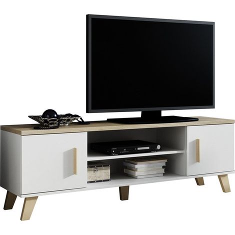 Meuble TV décor chêne & blanc brillant 160 cm Colin (1/4)