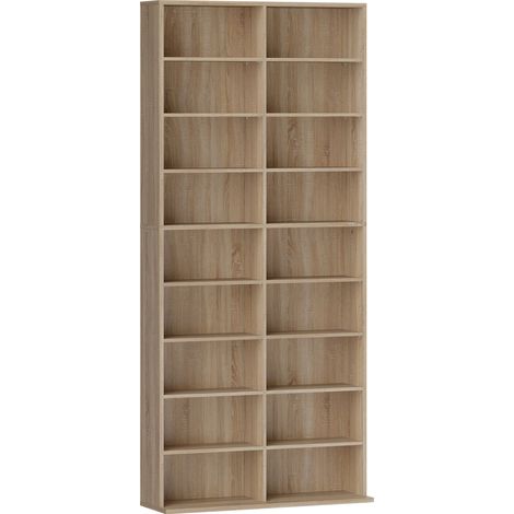 Meuble de rangement pour CD et DVD à 18 compartiments, capacité maximale 640 CD / 360 DVD / 430 Blu-ray, 78,5 x 24 x 175 cm, bois naturel (1/5)
