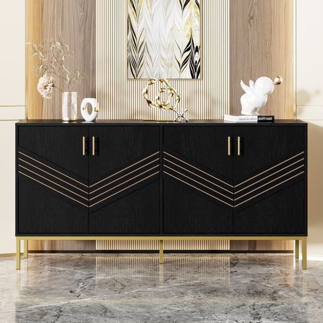 Aparador 160x40x80.5 cm negro y madera en MDF con 4 puertas y estantes ajustables (1/5)