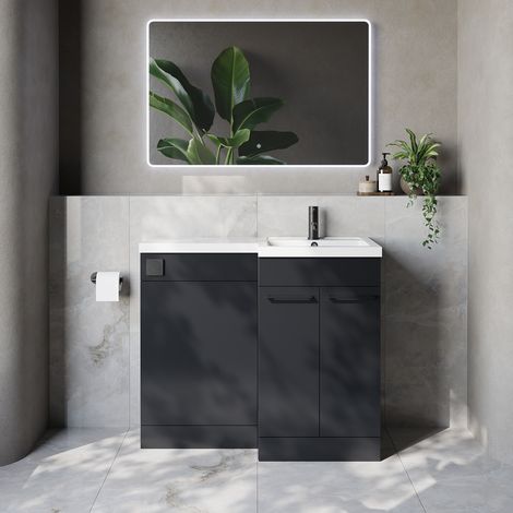 Napoli 390 Gloss Grey 1000mm 2 Door Vanity Unit Toilet Suite with Right Hand Square Lucia Basin - 1000mm - Matt Black 160mm HandleWithout Kingston Toilet Pan