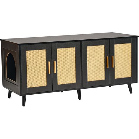Meuble cache litière pour 2 chats, bois avec portes en rotin, noir, 120x50x55 cm (1/5)