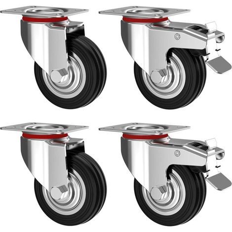 Set de 4 Roulettes pivotantes 75 mm avec frein - Roulettes pour meubles jusqu'à 50 kg par roue - Charge lourde - Caoutchouc pour intérieur et extérieur - Roues industrielles (1/5)