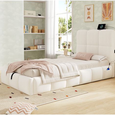 Cama infantil de cuento en terciopelo beige 90x200 cm con cabecero acolchado, somier de láminas, arcón hidráulico y USB-C