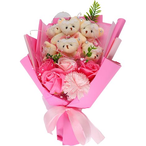 Bouquet de peluche rose avec roses artificielles, ours en peluche parfumé, guirlande LED lumineuse, cadeau anniversaire romantique pour couple. (1/5)