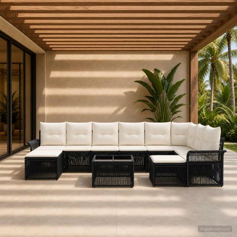 vidaXL Set Divano da Giardino 10 pz Nero e Bianco Crema polyrattan (1/5)
