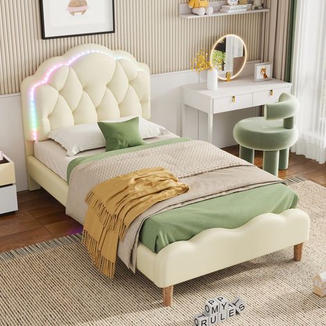 Cama individual 90x200 cm tapizada cabecero ondulado con tiras led beige (Sin colchón) (1/5)