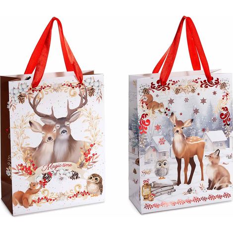 Sacchetti / buste di Natale di dimensione media in carta con manici raso, fantasia animali del bosco, set da 36 pezzi, cm 18 x 8 x 24 H