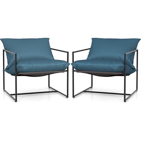 Lot de 2 fauteuils lounge bleu marine avec assise résistante aux intempéries, coussins et structure métal, pour salon et terrasse (1/5)