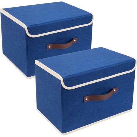 Boîte de Rangement avec Couvercle, Tissu, Lavable, Rangement Tissu, 38x25x25 cm, Lot de 2, Bleu Classique (1/5)