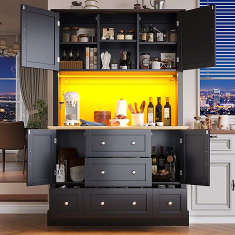 Meuble haute qualité 115×40×180 cm éclairage LED commande app meuble salon 4 portes 5 tiroirs vitrine cuisine musique anti-inclinaisons noir.